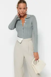 TRENDYOLMİLLA MINT Mercerized Look Ribbed Polo Shirt Collar Knitwear Cardigan - Image 4