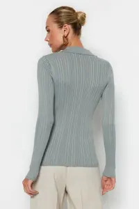 TRENDYOLMİLLA MINT Mercerized Look Ribbed Polo Shirt Collar Knitwear Cardigan - Image 5