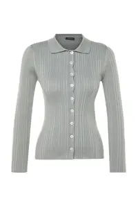 TRENDYOLMİLLA MINT Mercerized Look Ribbed Polo Shirt Collar Knitwear Cardigan - Image 6