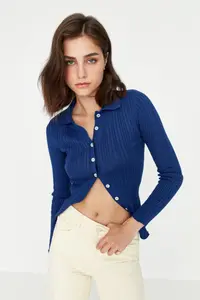 TRENDYOLMİLLA Navy Blue Mercerized Look Ribbed Polo Shirt Collar Knitwear Cardigan