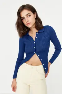 TRENDYOLMİLLA Navy Blue Mercerized Look Ribbed Polo Shirt Collar Knitwear Cardigan - Image 2