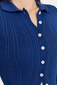TRENDYOLMİLLA Navy Blue Mercerized Look Ribbed Polo Shirt Collar Knitwear Cardigan - Image 4
