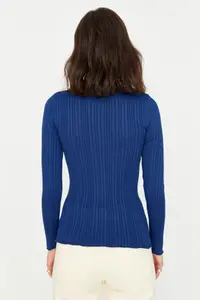TRENDYOLMİLLA Navy Blue Mercerized Look Ribbed Polo Shirt Collar Knitwear Cardigan - Image 5