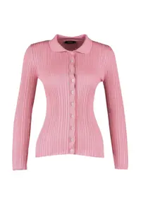 TRENDYOLMİLLA Pink Mercerized Look Ribbed Polo Shirt Collar Knitwear Cardigan - Image 6