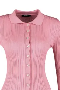 TRENDYOLMİLLA Pink Mercerized Look Ribbed Polo Shirt Collar Knitwear Cardigan - Image 7