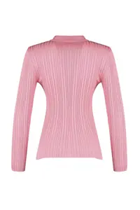 TRENDYOLMİLLA Pink Mercerized Look Ribbed Polo Shirt Collar Knitwear Cardigan - Image 8