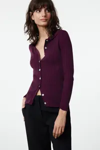 TRENDYOLMİLLA Plum Mercerized Look Ribbed Polo Shirt Collar Knitwear Bodysuit Cardigan