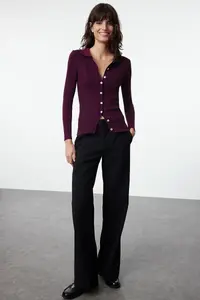TRENDYOLMİLLA Plum Mercerized Look Ribbed Polo Shirt Collar Knitwear Bodysuit Cardigan - Image 2