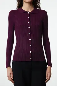 TRENDYOLMİLLA Plum Mercerized Look Ribbed Polo Shirt Collar Knitwear Bodysuit Cardigan - Image 4