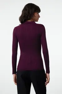 TRENDYOLMİLLA Plum Mercerized Look Ribbed Polo Shirt Collar Knitwear Bodysuit Cardigan - Image 5