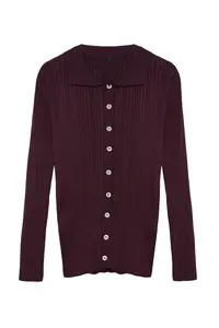 TRENDYOLMİLLA Plum Mercerized Look Ribbed Polo Shirt Collar Knitwear Bodysuit Cardigan - Image 6