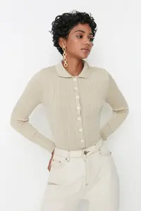 TRENDYOLMİLLA Stone Mercerized Look Ribbed Polo Shirt Collar Knitwear Cardigan - Image 2