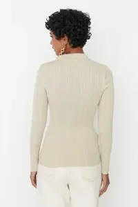 TRENDYOLMİLLA Stone Mercerized Look Ribbed Polo Shirt Collar Knitwear Cardigan - Image 5