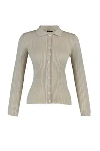 TRENDYOLMİLLA Stone Mercerized Look Ribbed Polo Shirt Collar Knitwear Cardigan - Image 7