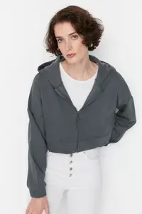 TRENDYOLMİLLA Anthracite Basic Zippered Hooded Crop Thick Fleece Lined Knitting Sweatshirt - Image 2