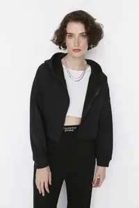 TRENDYOLMİLLA Black Basic Zippered Hooded Crop Thick Fleece Lined Knitting Sweatshirt