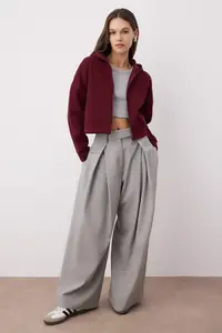 TRENDYOLMİLLA Burgundy Zippered Hooded Casual Cut Crop Thick Fleece Lined Knitting Sweatshirt