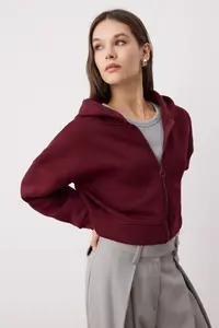 TRENDYOLMİLLA Burgundy Zippered Hooded Casual Cut Crop Thick Fleece Lined Knitting Sweatshirt - Image 2