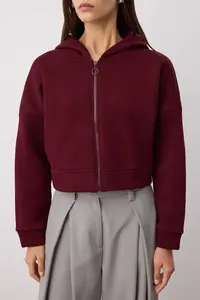 TRENDYOLMİLLA Burgundy Zippered Hooded Casual Cut Crop Thick Fleece Lined Knitting Sweatshirt - Image 3