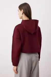 TRENDYOLMİLLA Burgundy Zippered Hooded Casual Cut Crop Thick Fleece Lined Knitting Sweatshirt - Image 4