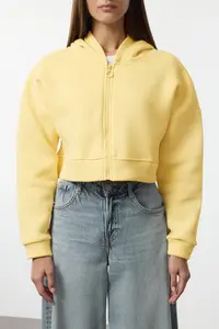 TRENDYOLMİLLA Light Yellow Zippered Hooded Casual Cut Crop Thick Fleece Lined Knitting Sweatshirt - Image 3