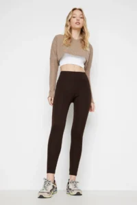 TRENDYOLMİLLA Brown High Waist Basic Elastic Waist Flexible interlock Knitting Leggings - Image 3