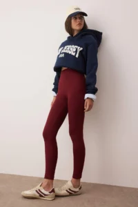 TRENDYOLMİLLA Burgundy High Waist Basic Elastic Waist interlock Knitting Leggings - Image 2