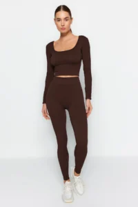TRENDYOLMİLLA Dark Brown seamless/Seamless Full Size Knitting Sports Leggings - Image 2
