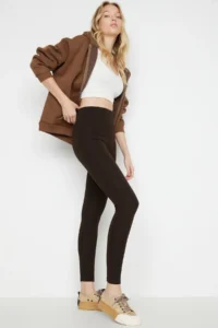 TRENDYOLMİLLA Brown Shaping Elastic Waist High Waist Knitting Leggings - Image 8
