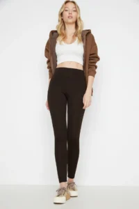 TRENDYOLMİLLA Brown Shaping Elastic Waist High Waist Knitting Leggings - Image 9