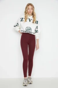 TRENDYOLMİLLA Burgundy Shaping Elastic Waist High Waist Flexible Knitting Leggings - Image 10