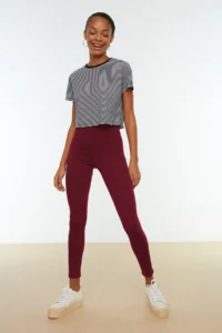 TRENDYOLMİLLA Burgundy Shaping Elastic Waist High Waist Flexible Knitting Leggings - Image 3