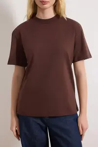 TRENDYOLMİLLA Dark Brown 100% Cotton Basic Regular/Normal Pattern Dog collar Knitting T-Shirt - Image 3