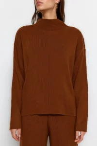 TRENDYOLMİLLA Brown Dog collar Knitwear Top and Bottom Set - Image 3