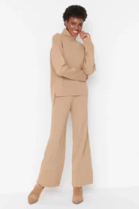 TRENDYOLMİLLA Camel Dog collar Knitwear Top and Bottom Set
