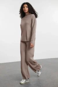 TRENDYOLMiLLA Mink Dog collar Knitwear Top and Bottom Set