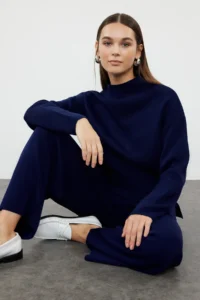 TRENDYOLMİLLA Navy Blue Dog collar Knitwear Top and Bottom Set