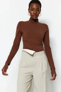 TRENDYOLMİLLA Brown Turtleneck snaps Knitting Bodysuit .D.0008 - Image 5