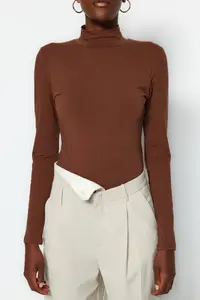 TRENDYOLMİLLA Brown Turtleneck snaps Knitting Bodysuit .D.0008 - Image 9