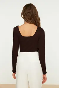 TRENDYOLMİLLA Brown Square Neck Long Sleeve Ribbed Flexible snaps Knitting Bodysuit .D.0022 - Image 5