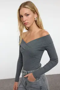 TRENDYOLMİLLA Dark Gray Carmen Collar Ribbed Bottom snaps Flexible Knitting Bodysuit .D.0053 - Image 2