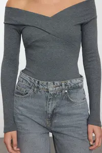 TRENDYOLMİLLA Dark Gray Carmen Collar Ribbed Bottom snaps Flexible Knitting Bodysuit .D.0053 - Image 3