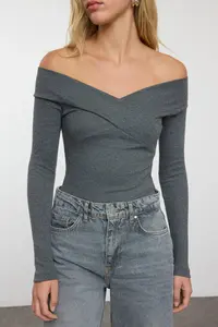 TRENDYOLMİLLA Dark Gray Carmen Collar Ribbed Bottom snaps Flexible Knitting Bodysuit .D.0053 - Image 4