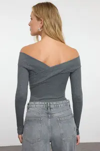 TRENDYOLMİLLA Dark Gray Carmen Collar Ribbed Bottom snaps Flexible Knitting Bodysuit .D.0053 - Image 5