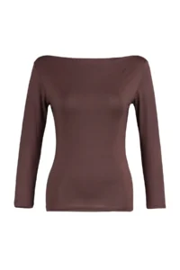 TRENDYOLMİLLA Brown Fitted Long Sleeve Boat Neck Viscous Flexible Knitting Blouse - Image 6