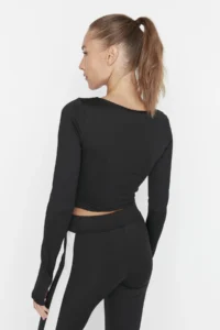 TRENDYOLMİLLA Black Crop Window/Cut Out and Thumb Hole Detailed Knitting Sports Top/Blouse - Image 6