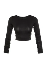 TRENDYOLMİLLA Black Crop Window/Cut Out and Thumb Hole Detailed Knitting Sports Top/Blouse - Image 7
