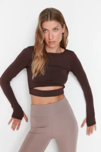 TRENDYOLMİLLA Dark Brown Crop Window/Cut Out and Thumb Hole Detailed Knitting Sports Top/Blouse - Image 2
