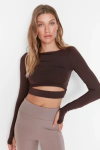TRENDYOLMİLLA Dark Brown Crop Window/Cut Out and Thumb Hole Detailed Knitting Sports Top/Blouse - Image 3