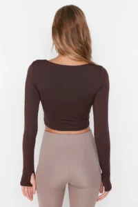 TRENDYOLMİLLA Dark Brown Crop Window/Cut Out and Thumb Hole Detailed Knitting Sports Top/Blouse - Image 5